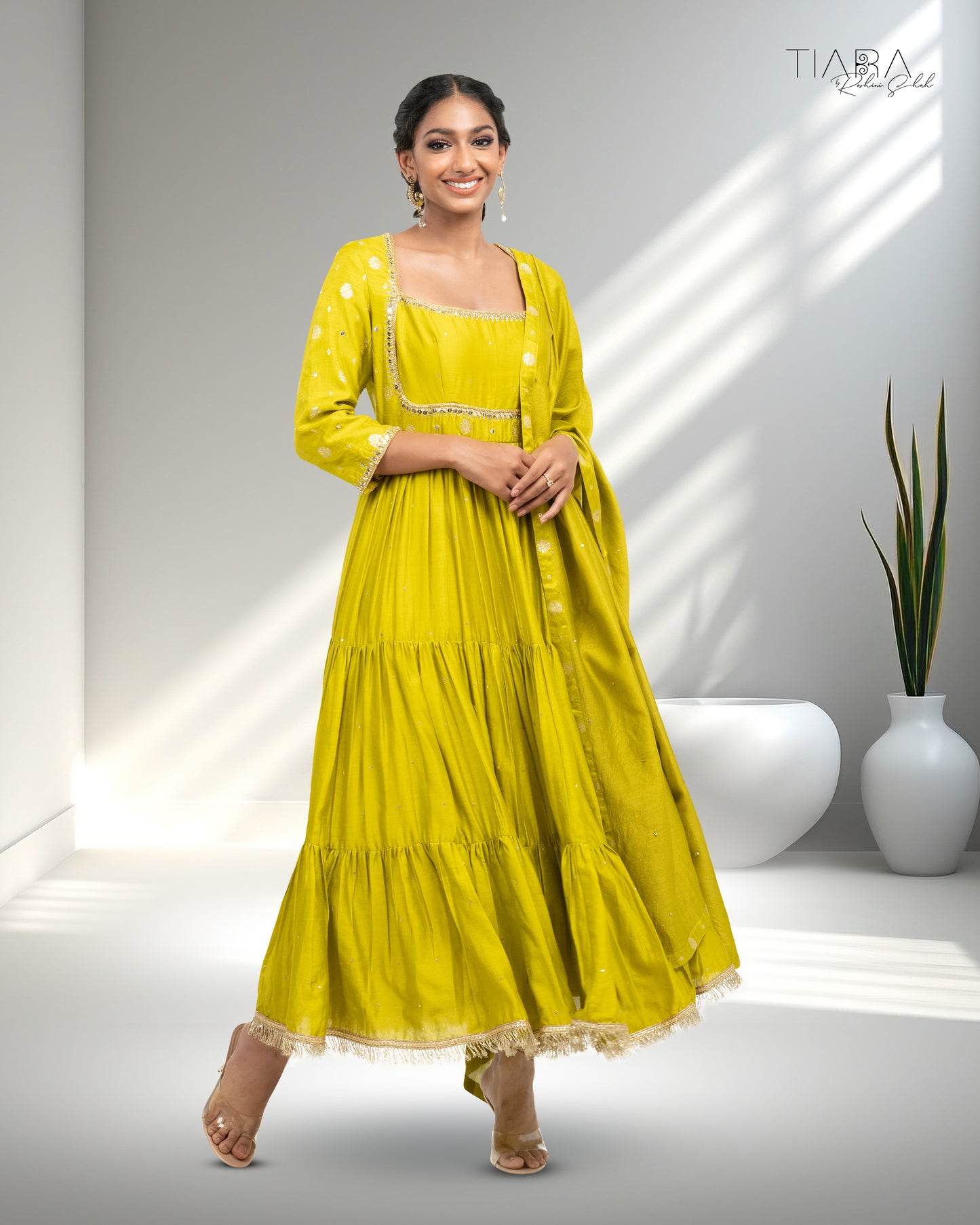 Benarsi Chanderi Tiered Anarkali - Yellow