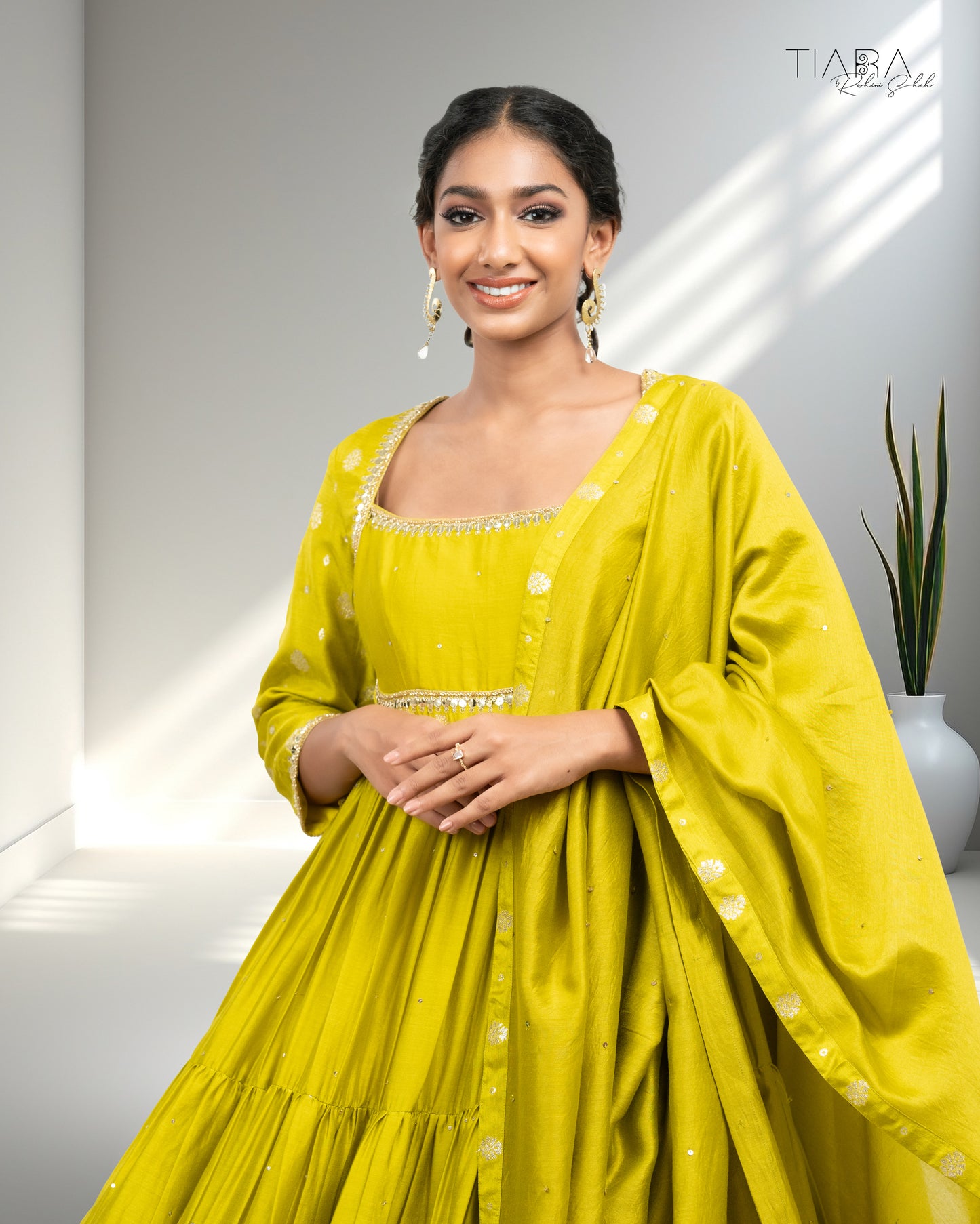 Benarsi Chanderi Tiered Anarkali - Yellow