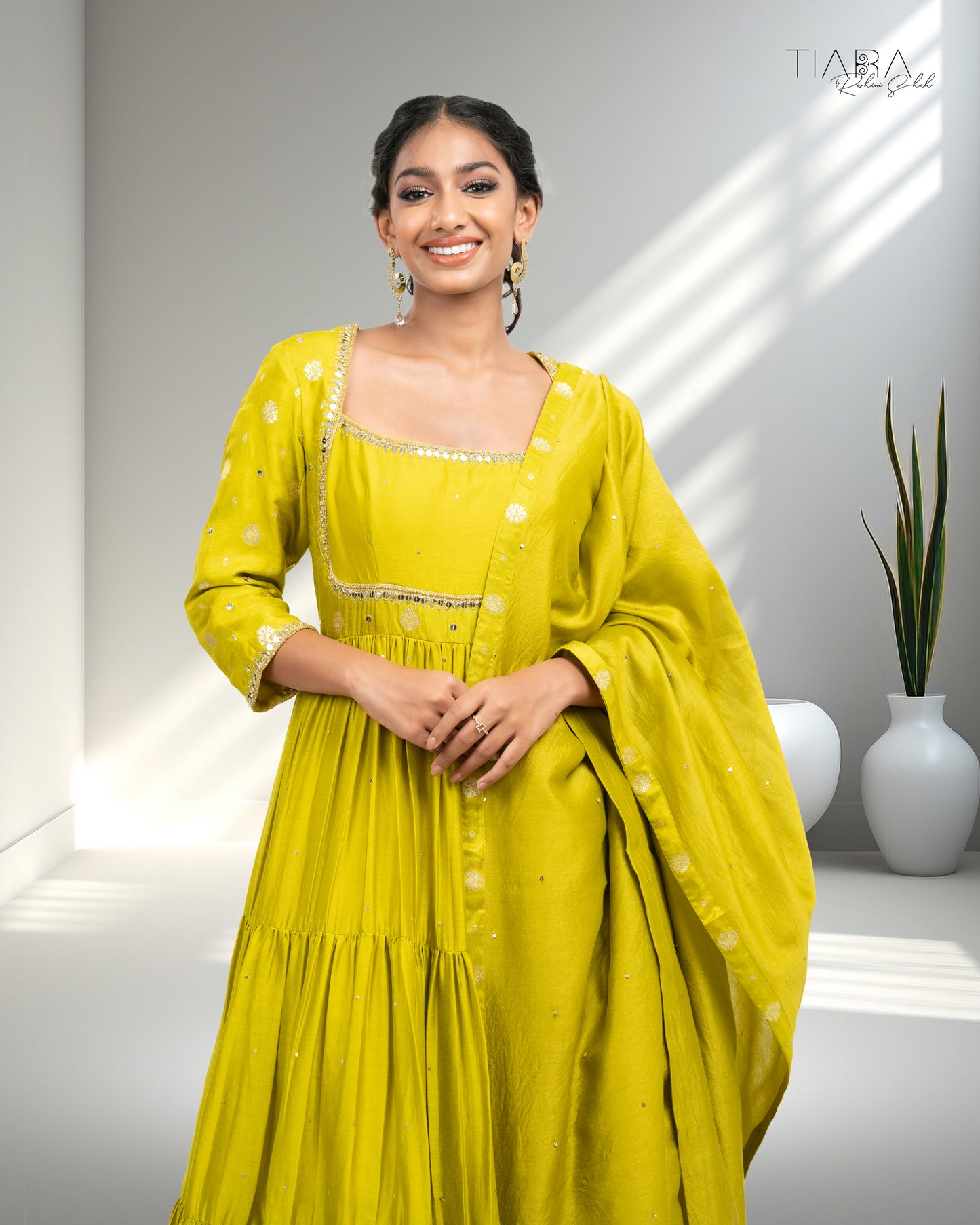 Benarsi Chanderi Tiered Anarkali - Yellow