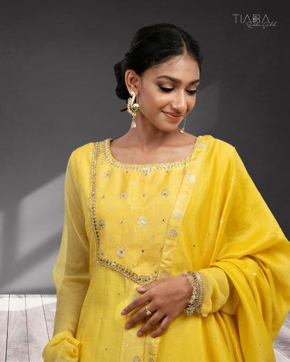 Benarsi Chanderi Anarkali Gown - Yellow