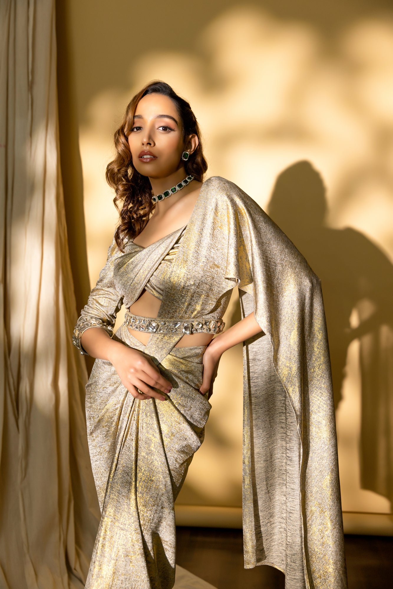 Metallic Draped Saree with Stone Embellishments