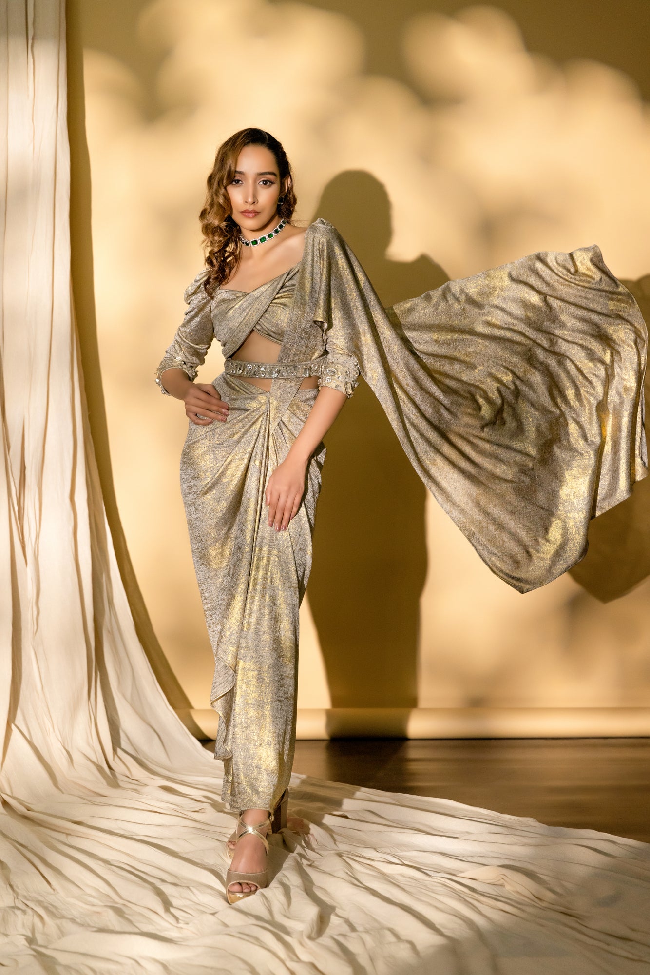 Metallic Draped Saree with Stone Embellishments