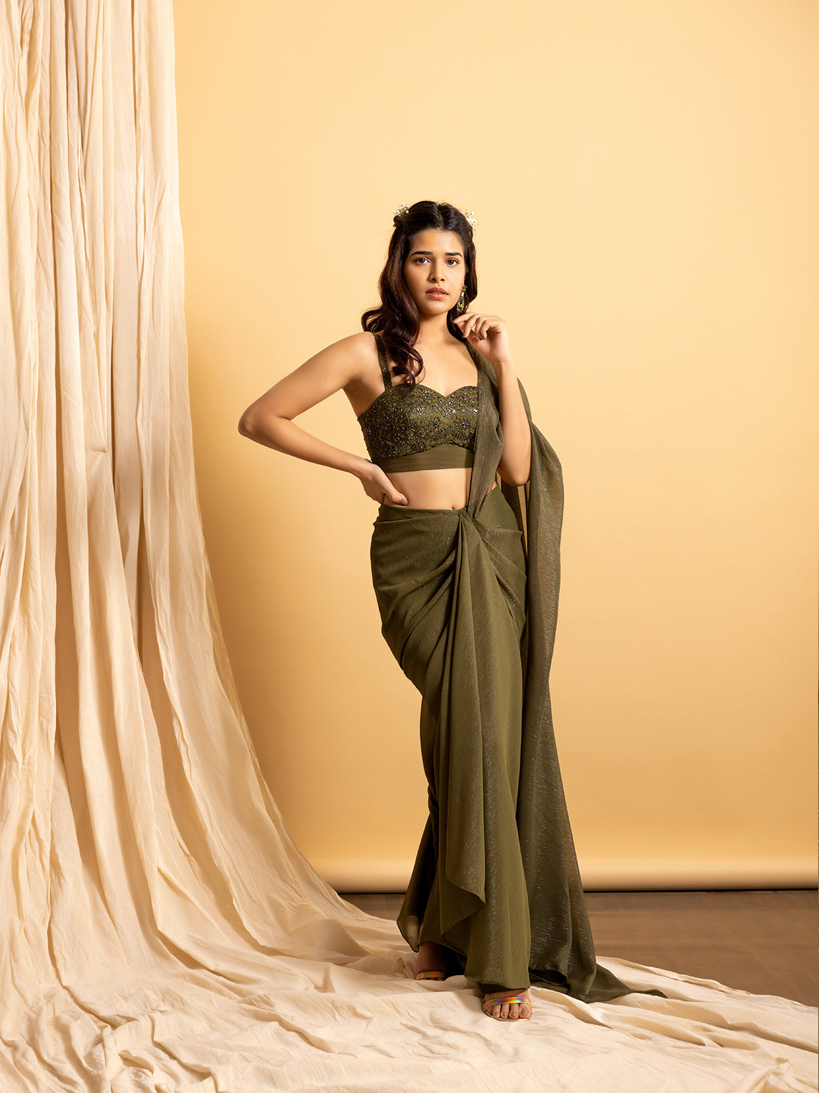 Elysian - Metallic Georgette Draped Saree with Embroidered Bustier