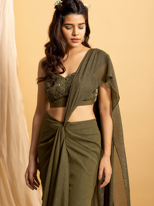 Elysian - Metallic Georgette Draped Saree with Embroidered Bustier