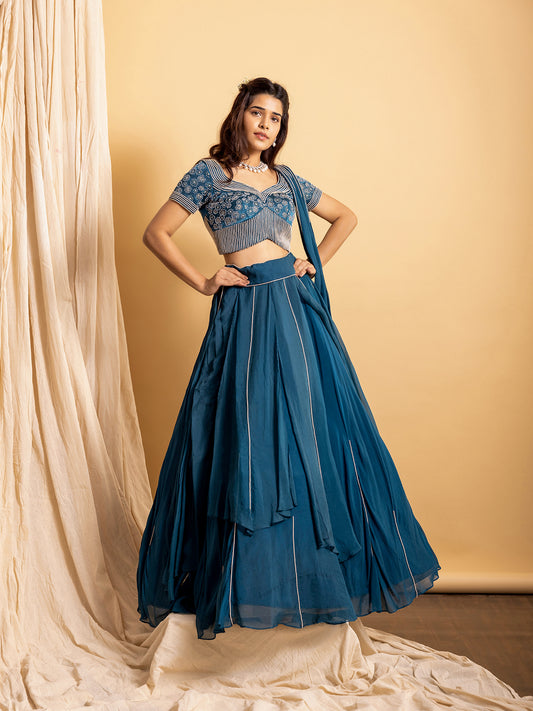 Elysian - Organza Layered Lehenga with Embroidered Blouse and Choker Dupatta