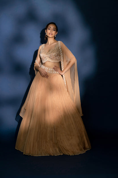 Elysian - Rose Gold Organza Pearl & Pleated Lehenga with Jacket