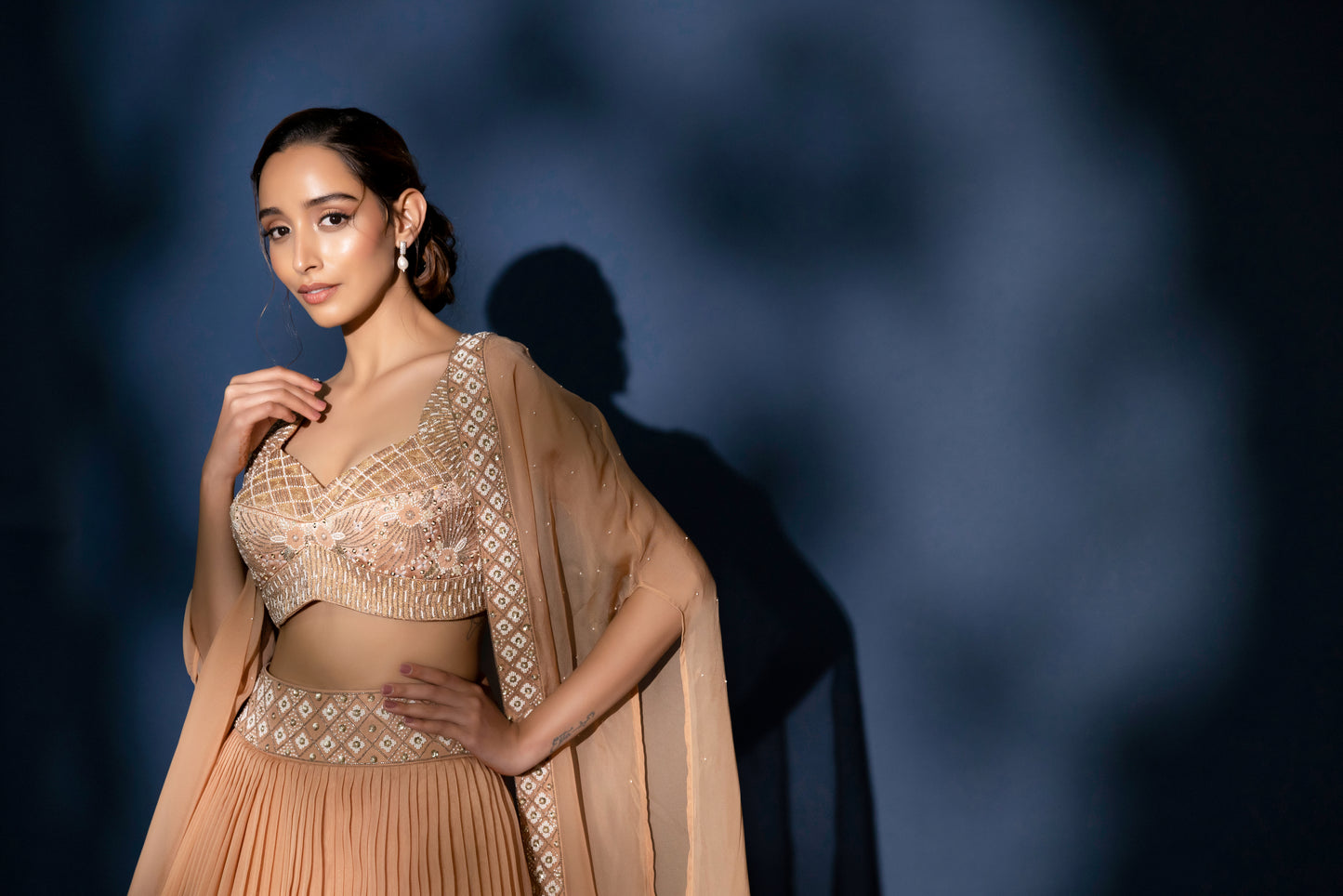 Elysian - Rose Gold Organza Pearl & Pleated Lehenga with Jacket