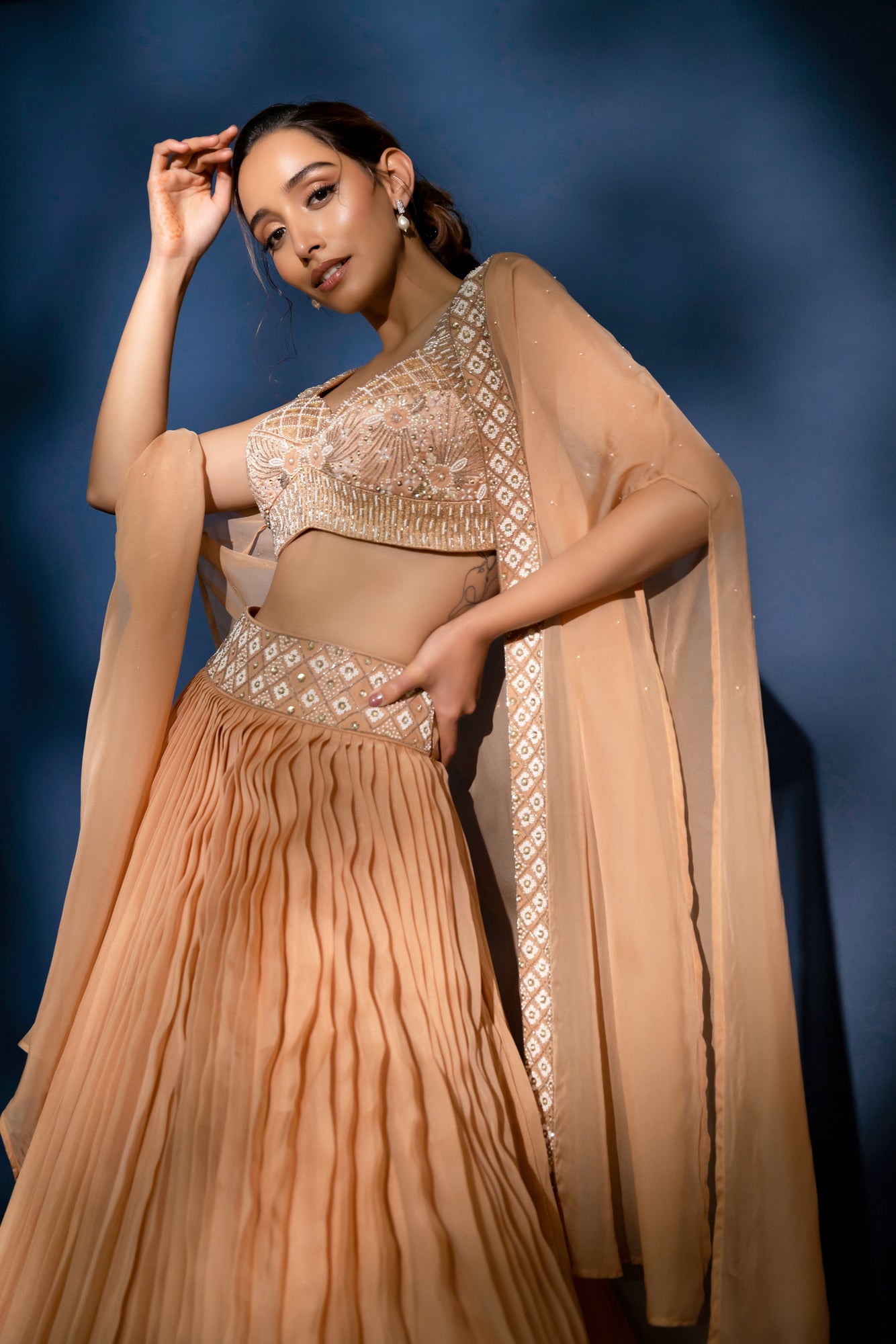 Elysian - Rose Gold Organza Pearl & Pleated Lehenga with Jacket