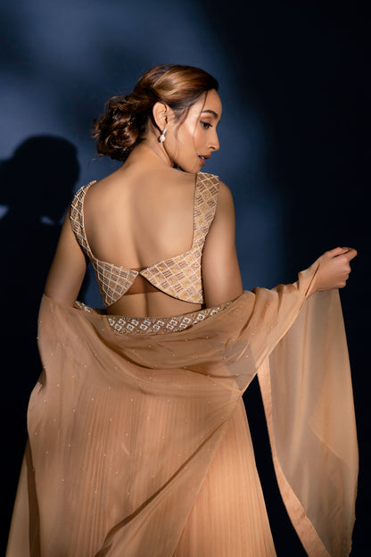 Elysian - Rose Gold Organza Pearl & Pleated Lehenga with Jacket