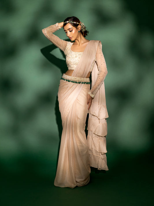 Elysian - Metallic Georgette Pre-draped Saree with Embroidered Blouse and Belt