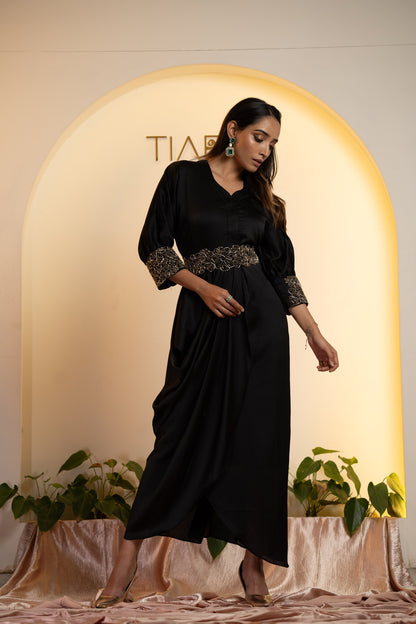 Elegant Cocktail Ensemble : Draped Dress with Embroidered Belt - Black